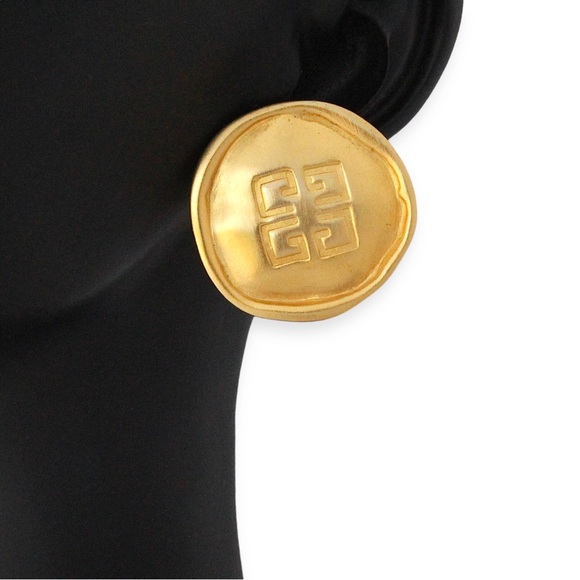 Vintage Givenchy Clip On Earrings 4G Logo Brushed Satin Gold Tone Signed - Picture 2 of 5